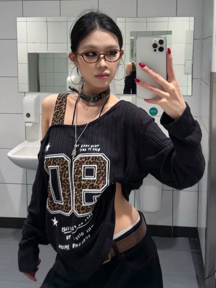 Y2K Patchwork Leopard Print T- - Embroidery 评论和价格