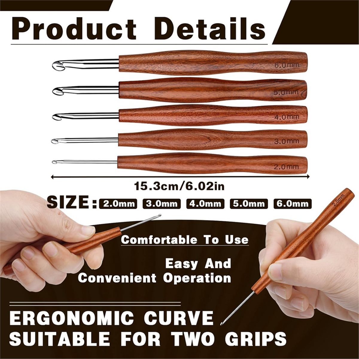 NOCM 5 Pcs Crochet Hook, 5 Siz - Wooden Crochet Hooks Ergonomic Handle 评论和价格